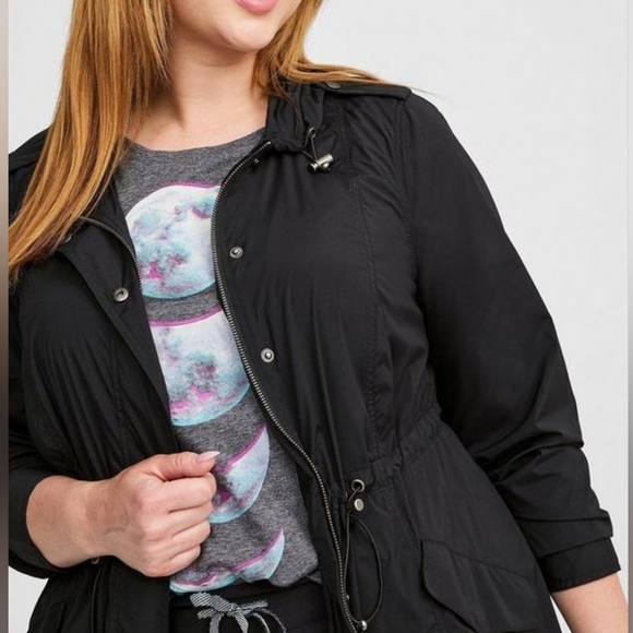 Torrid Black Happy Camper Nylon Windbreaker Lightweight Cinch Hoodie Jac… - Picture 2 of 5